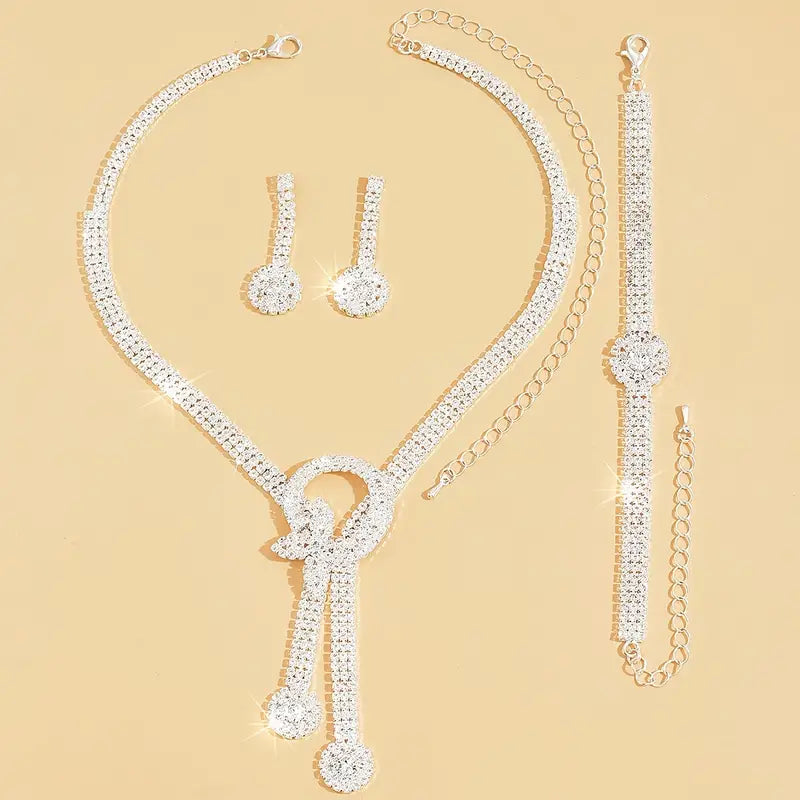 Spot New European and American Jewelry Elegant Style Rhinestone Tassel Necklace and Earrings Set