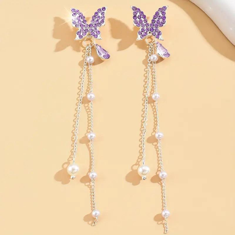 Shiny Rhinestone Inlaid Butterfly Design Chain With Faux Pearl Decor Dangle Earrings Elegant