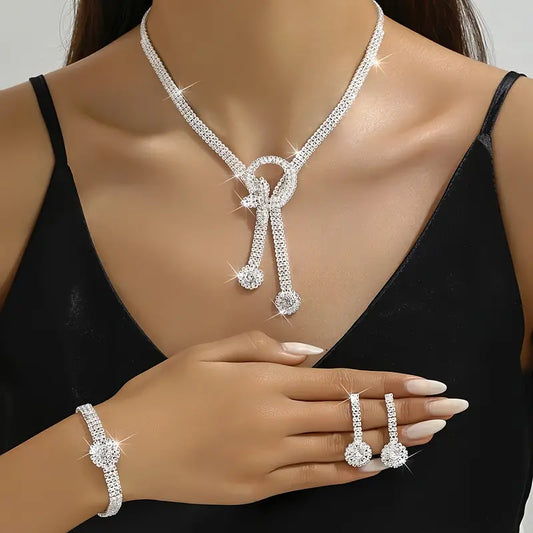 Spot New European and American Jewelry Elegant Style Rhinestone Tassel Necklace and Earrings Set