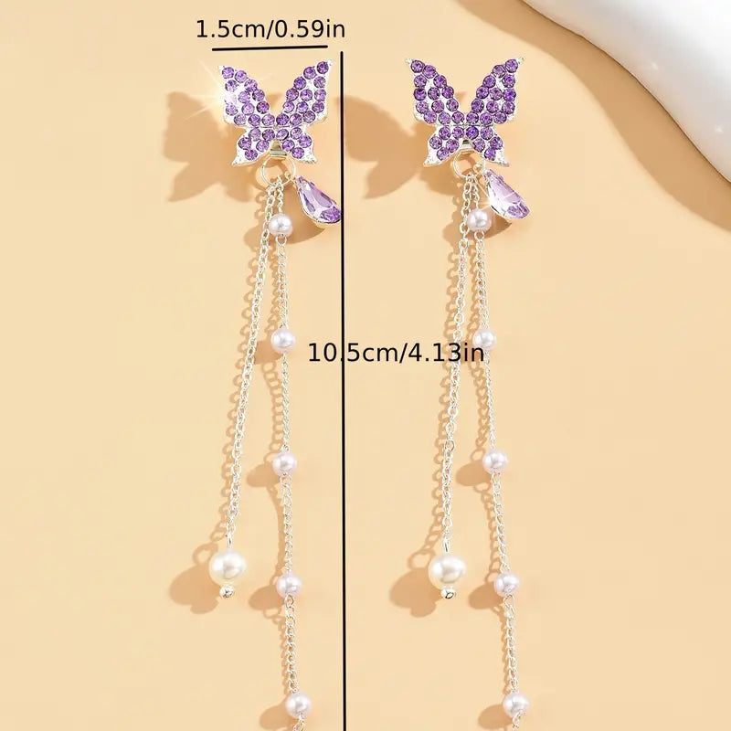 Shiny Rhinestone Inlaid Butterfly Design Chain With Faux Pearl Decor Dangle Earrings Elegant