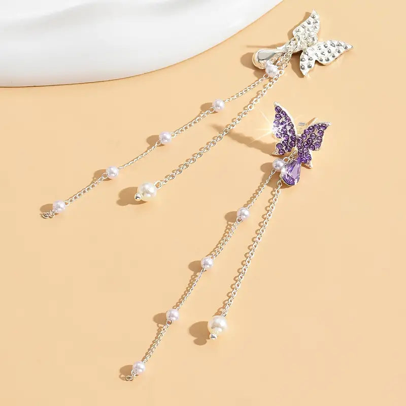 Shiny Rhinestone Inlaid Butterfly Design Chain With Faux Pearl Decor Dangle Earrings Elegant